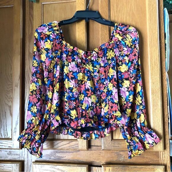 Anthropologie SKIES ARE BLUE Floral Balloon Sleeve Crop Top Metallic Stitch - XS - Picture 4 of 12